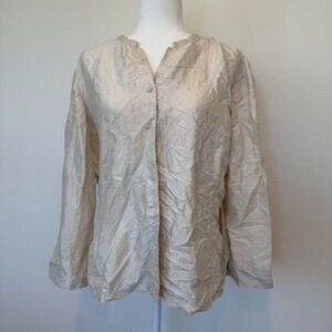 Eileen Fisher 100% Silk Cream Lightweight Crinkled Button Up Blouse Size XL